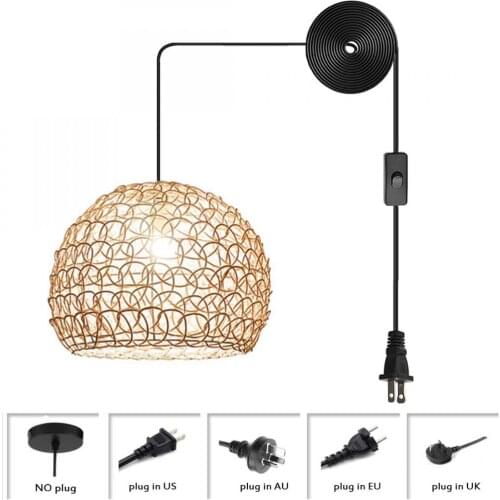 Dome Hanging Pendant Light Plug In Cord Hand-Woven Rattan Hanging Light Fixture Transitional Industrial Pendant Lamp (Beige)