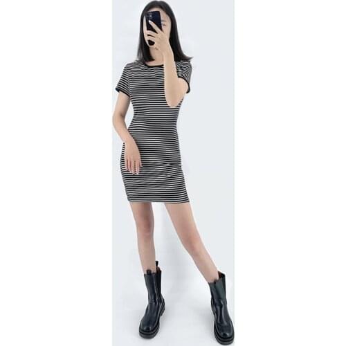 Summer Round Neck Enough Stock Short-sleeved Dress Black And White Striped Dresses Casual Elegant Sheath Slim Dress