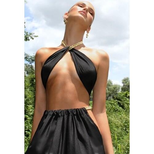 Summer Women Casual Camisole Solid Color Halter Neck Vest Sleeveless Crop Tops With Metal Strap Black Coral Pink Champagne S M L