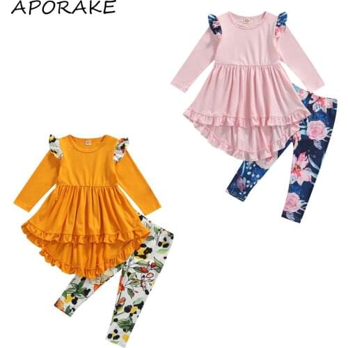 2021 0-6Y Casual Kids Girl Clothes Autumn Tracksuit Solid Color Long Sleeves Cropped T-Shirt+Floral Elastic Waist Pants 2pcs Set