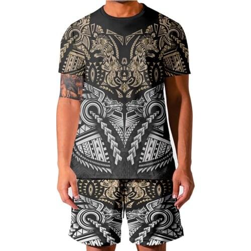 Mens Set Short Sleeve Hawaiian Shirt Shorts Summer Casual Tahiti Polynesia Shirt Beach Two Piece Suit 2021 New Fashion Men Sets