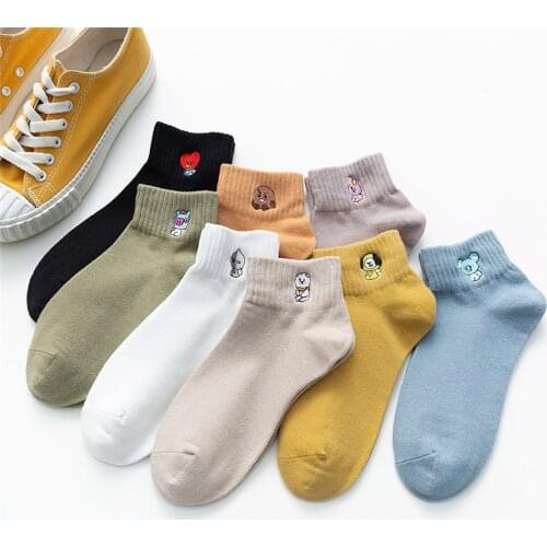 Women Pure Cotton Socks Spring Summer Cartoon Animals Embroidery Soft Comfortable Korean Fashion Breathable Striped Short Socks