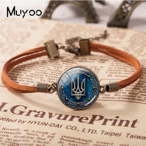 2018 New Tryzub Ukraine Leather Bracelet Glass Dome Cabochon Bracelets Round Handmade Photo Jewelry For Women