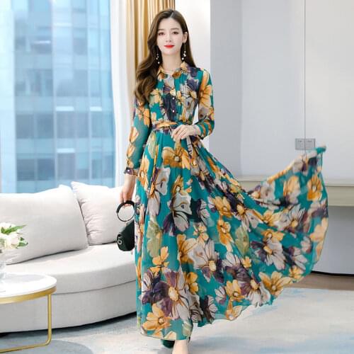 Dresses For Women 2021 Spring Autumn New Long Sleeve Floral Chiffon Vestidos Temperament Female Bohemian Maxi Dress aq004