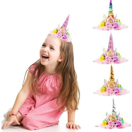 Toddler Kids Unicorn Birthday Crown Headband Flowers Horns Hairband Children Unicorns Party Decoration Gift Baby Girl Headwear