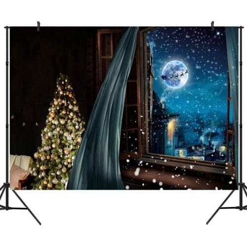Christmas Backdrop Window Snow Scene Night City Moon Santa Sleigh Family Party Photography Background Decorations