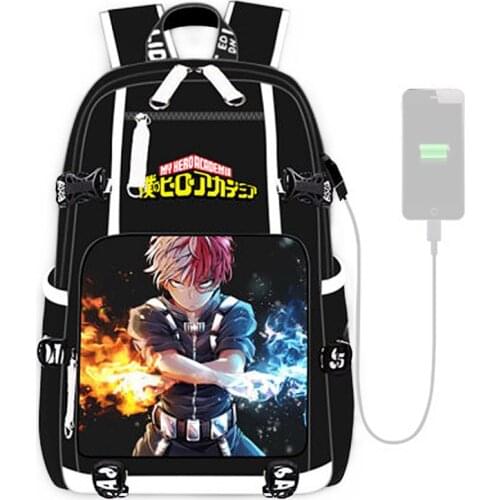 Anime My Hero Academia Pattern Backpack Mochilas Black Canvas Travel Bag School Bag with USB Charging Port for Girls Boys Adult