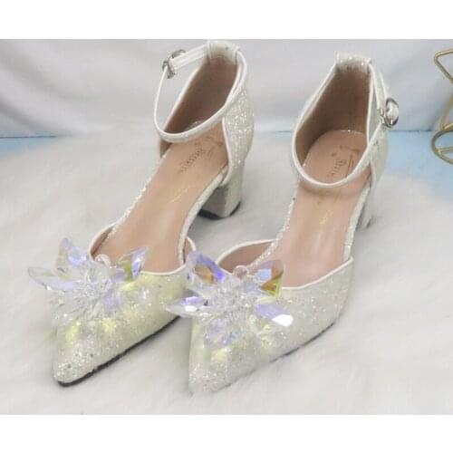 BaoYaFang Thick Heel Ankle Strap Fashion Summer Bridal Wedding Party Dress Shoes Woman Pointed Toe Bling Crystal Flower Sandals