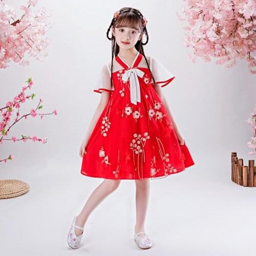 Spring and autumn summer hot sale childrens new retro embroidery flower dress chiffon bow tie style skirt