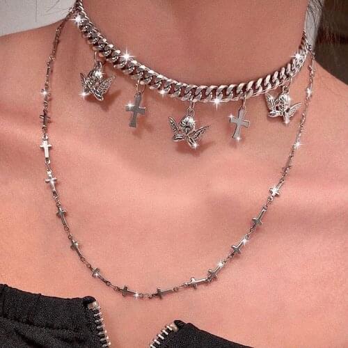 YC-UPGO New Vintage 2021 Silver Color Chain Fashion Multilevel Necklace For Women Female Cross Angel Spider Pendant Jewelry Gift