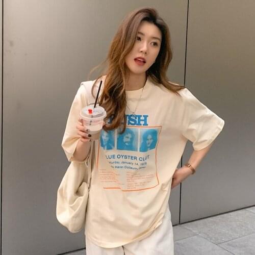 2021 summer Korean print loose mid-length short-sleeved t-shirt women loose casual all-match T-shirt