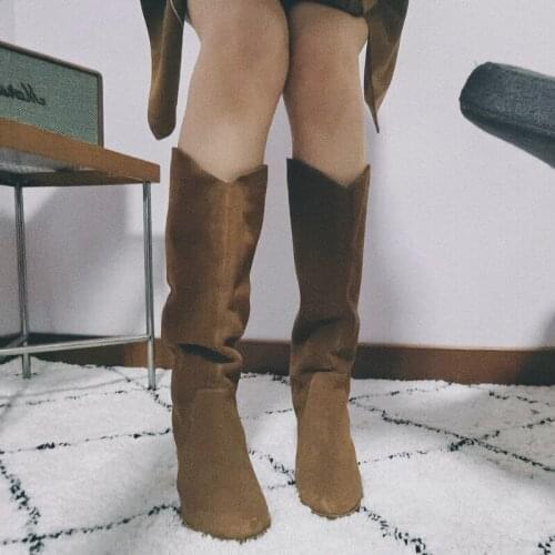Shoes For Women 2021 Winter Autumn Natural Cow Suede Womens High Boots Knee Vintage Western Cowboy Wide Calf Shoe
