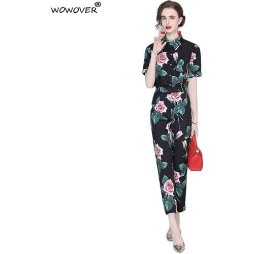 Summer Fashion Runway Suit for Women Elegant Short Sleeve Floral Print Shirt and Pants 2 Piece Matching Set Office Outfits