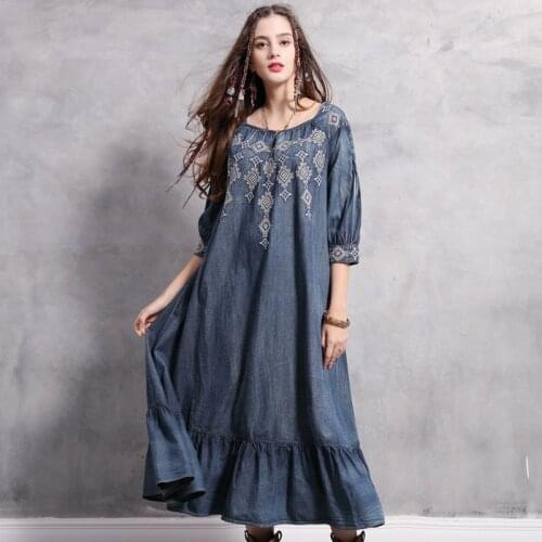 21New Women Denim Dresses Spring Autumn Vintage Embroidery Washed Loose Falbala Half Sleeve Female Fashion Long Dress