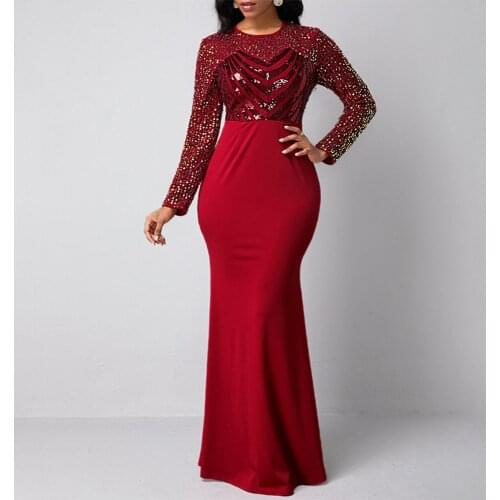 Europe Ameri 202 Fall New Explosion Round Neck Solid Color Sequins Womens Dress Long Sleeve High Waist Mermaid Temperament