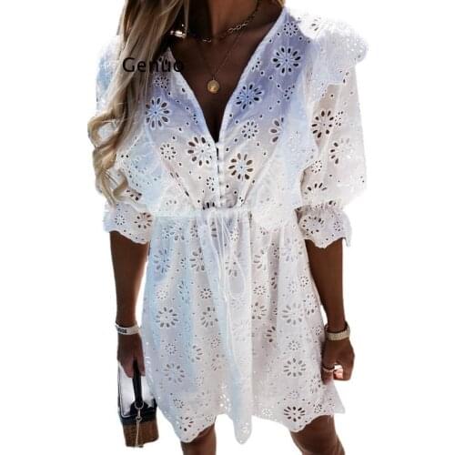 Women Summer Elegant V-Neck Short Sleeve A-Line Dress Ladies Chic Fashion Embroidery Hollow Out Party Dress Casual A-Line Dress