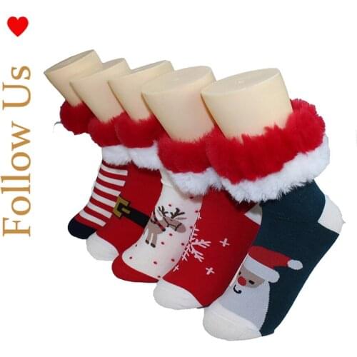 5 pairs Snow socks New cute cotton Christmas socks, plush rabbit fur lace socks