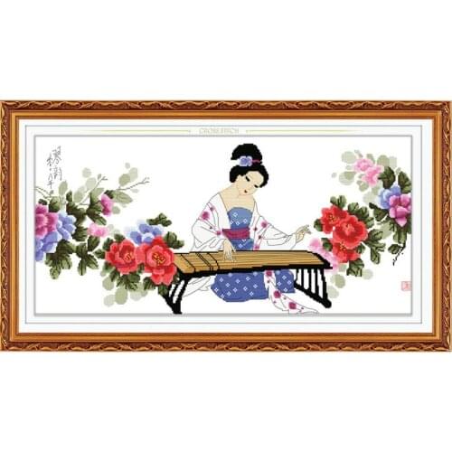 83*42cm figure pattern beauty girl playing zither traditional Chinese Classical characters cross-stitch set diy cross stitch kit
