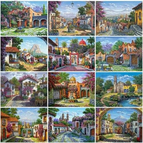 5D Diamond Painting Cross Stitch Town Street Landscape Full Square Round Drill Diamond Embroidery Diamond Mosaic Home Decoration