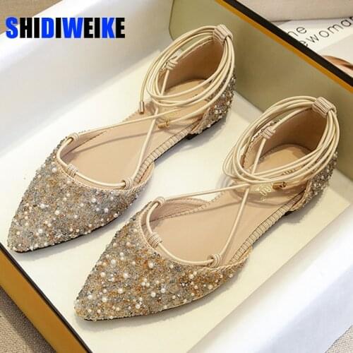 Glitter crystal Cross-Tied Lace Up ballet shoes women pointed toe slip on loafers cozy shallow cut-out ballerina flats moccasins