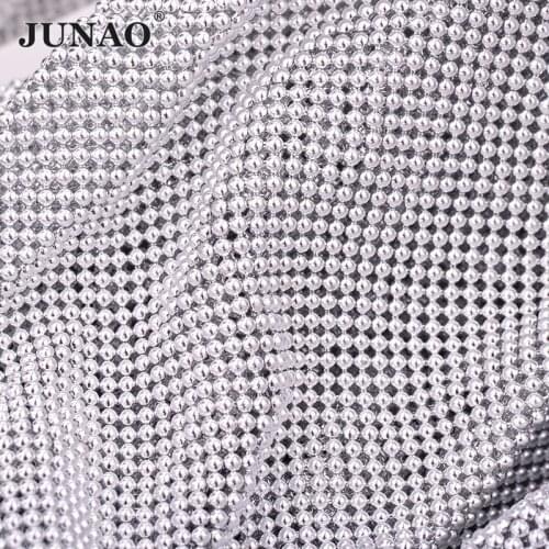 JUNAO 34*120cm Sewing Silver Rhinestone Mesh Fabric Sheet Gold Metal Aluminum Mesh Trim Strass Crystal Ribbon for Clothes