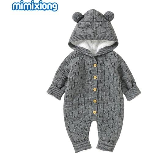 Baby Rompers Winter Thick Warm Knitted Newborn Boys Girls Solid Jumpsuits Playsuits with Hood Long Sleeves Toddler Kids Clothing
