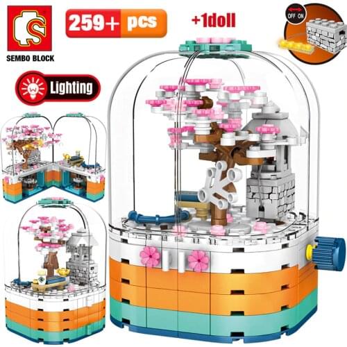 SEMBO Creative LED Light Rotating Box Building Blocks Friends City Street View Cherry Blossom House Tree Bricks Toys for Kids