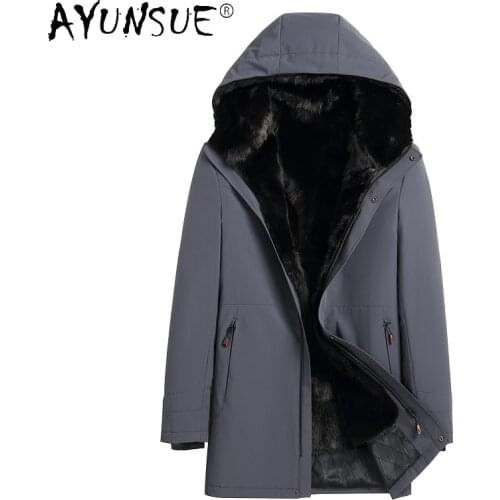 AYUNSUE Winter Hooded Real Fur Coats Mens Jackets Warm Mink Fur Liner Pakas for Mens Casual Outerwear Winter Veste Homme SQQ303