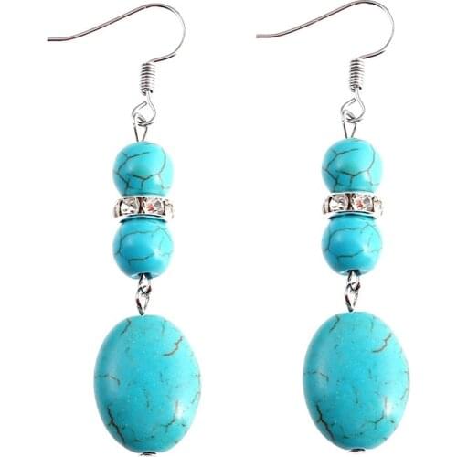 Hot sale Tibetan Silver Drop Earrings Women Natural Blue Stone&Crystal Pendant Earrings Vintage Beads Dangle Long Earrings Gift