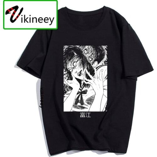 Men Clothes 2020 Junji Ito Print Mans T-shirt Harajuku Short Streetwear Aesthetic Clothes Anime Shirt Cotton Black Tshirt