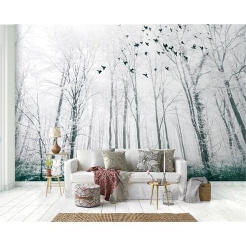 Beibehang Custom Photo Mural Wallpaper Black and White Big Tree Snow Scene Forest Bird Background Wall 3d wallpaper tapety