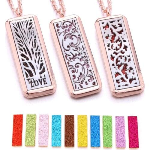 Aromatherapy Diffuser Necklace Jewelry Rose Glod Rectangle Stainless Steel Perfume Locket Pendant Essential Oil Locket Necklace