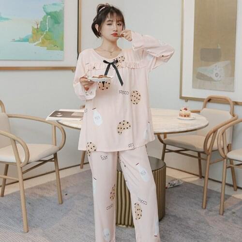 Long-sleeved Pajamas Womens Thin Spring Summer Cotton Silk Two-piece Suit Printed Small Biscuits Viscose Plus Size Home Service