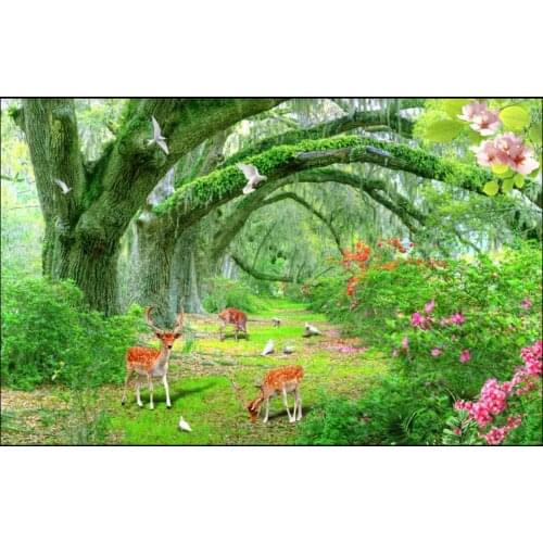 Custom photo wallpaper for walls 3 d murals Idyllic Green Tree Forest Deer Flower 3D TV Living Room Background Wall papers