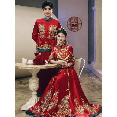 Luxury Ancient Dragon Phoenix Embroidery Marriage Set Oriental Cheongsam Chinese Style Bride Wedding Dress китайская одежда