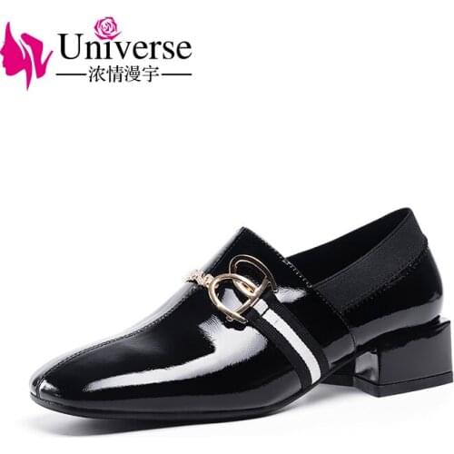 Patent leather casual women shoes Universe low heel square toe genuine leather ladies shoes J020