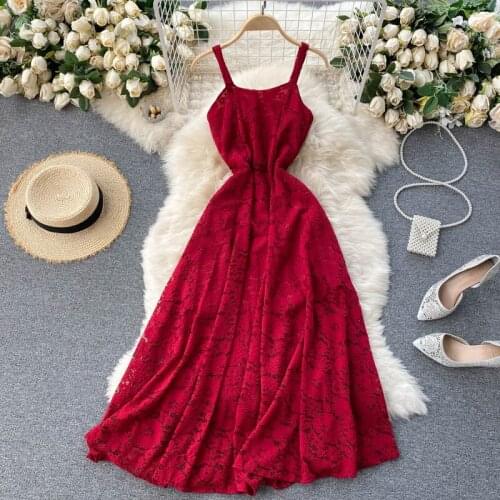 High Quality Lace Women Dress Sexy Backless Sleeveless Suspender Waist Slim Big Swing Solid Dress Casual A-LINE Spaghetti Strap