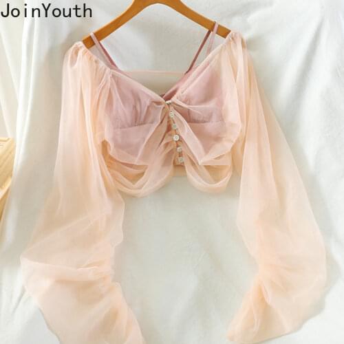 Joinyouth Summer Shirts Sexy Lady V-neck Gauze See Through Blouses+casual Sling Female Crop Tops 2020 Korean 2 Piece Set 7a987