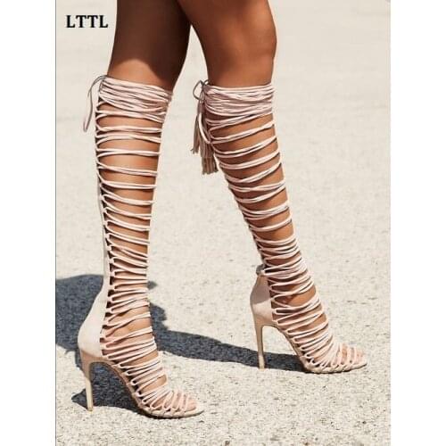 2017 Hot Sale Cut-Outs Long Gladiator Sandals Open Toe Sexy Thin Heels Women Sandals Lace-Up Plus Size Fashion Shoes Woman