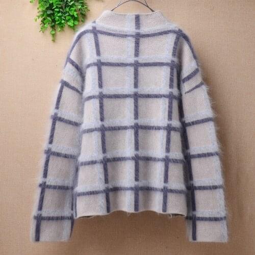 Ladies women Fall winter thick warm hairy fashion plaid long sleeves loose pullover angora rabbit fur jumper sweater pull femme