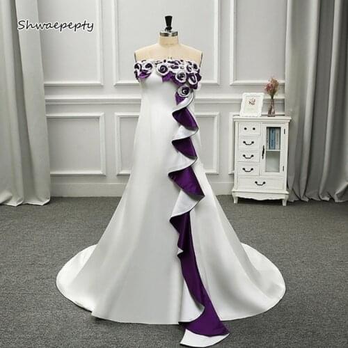Cascading Ruffles Flowers Mermaid Wedding Dress 2021 Strapless Long Vintage White And Purple Bridal Gowns Vestidos De Novia