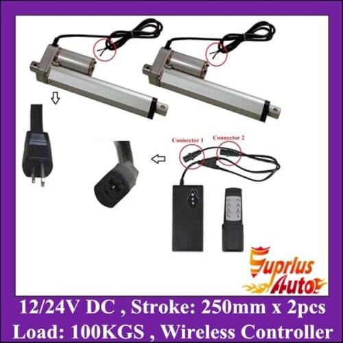 2 Linear Actuators 250mm 10" Stroke 1000N 225lbs With Wireless Remote Controller 12V DC Motor for Car Boat Door Auto