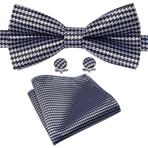 2019 Houndstooth Bowtie Set for Men Silk Pre-Tied Bows Classic Black/White Plaid Ties Formal Butterfly Tie Handkerchief Cufflink