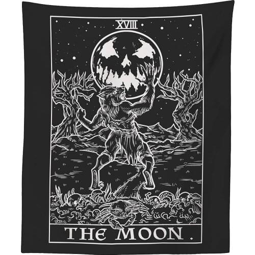 The Moon Tarot Card Tapestry (Black & White) - Werewolf - Gothic Halloween Home Décor