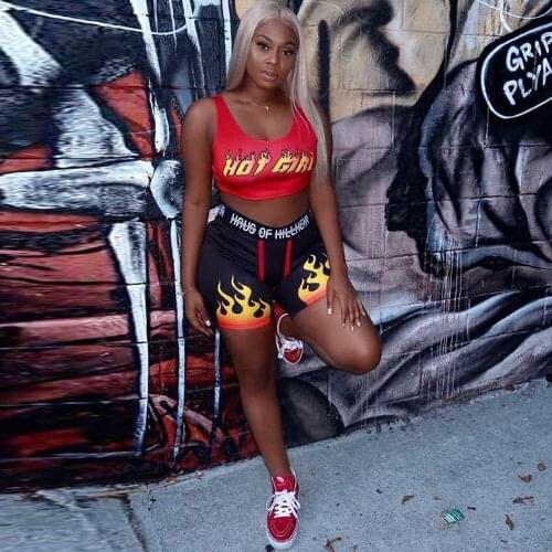 High Street Letter Fire Flame Print Sleeveless Tank Top and High Wsiat Workout Short for Women Active Wear Sporty 2 Piece Sets