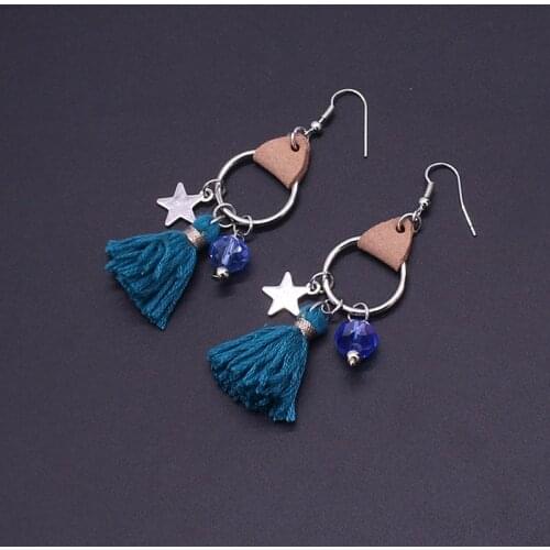 Round Earrings Bohemian Leather Crystal Tassel Star Earrings & Ear Hook Fashion Circle Glamour Lady Earring Jewelry