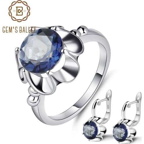 GEMS BALLET Natural Mystic Quartz-Iolite Blue Rings Clip Earrings Sets 925 Sterling Silver Fine Jewelry Set For Women Wedding
