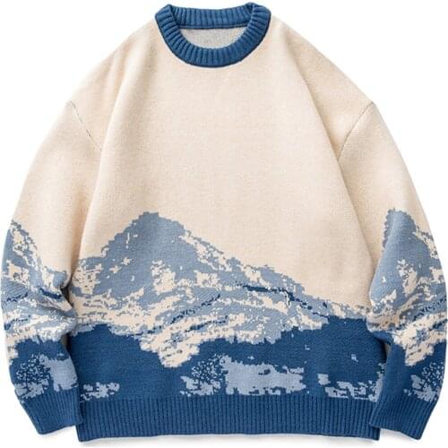 New Harajuku Snow Mountain Knitted Sweater Gradient Embroidered Sweater Pullovers Hip Hop Streetwear Retro Knit Pullover Winter