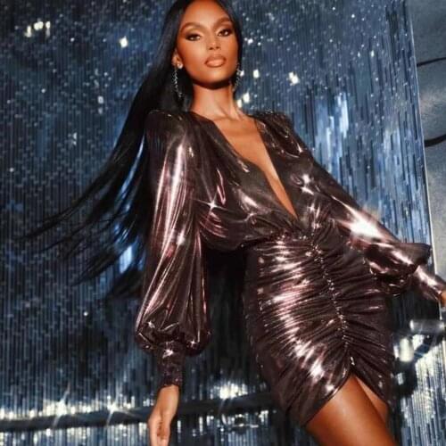 2021 Autumn Sequin Glitter Sexy Dress Women Pleated Long Sleeve Bodycon Dress Elegant Mini Vestidos Party Dress Clothes