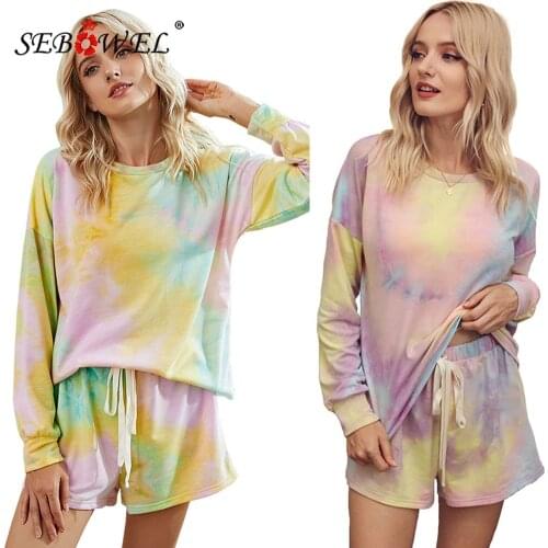 SEBOWEL Autumn Casual Womens Gradient Suit Tie-dye Print T-shirt Shorts Outfits Matching Sets Lady Fashion Two Piece Tracksuits